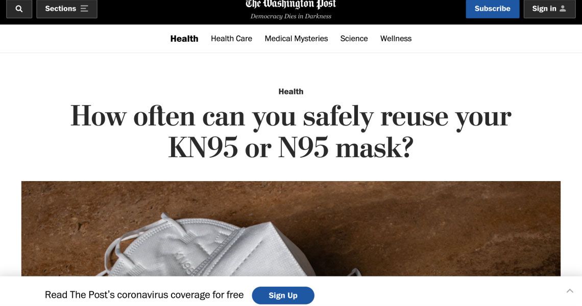 Screenshot of Washington post article about How Often Can You Safely Reuse Your KN95 or N95 mask?