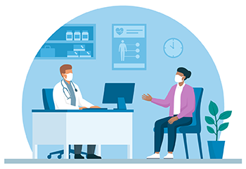 illustration of a doctor sitting at a desk and talking to a patient