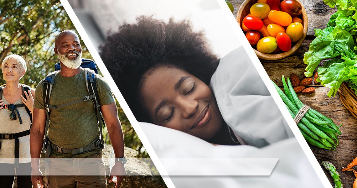 collage of images including older folks walking in nature, a woman smiling while laying in a bed, and an assortment of vegetables on a wood surface