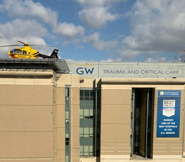Helicopter on top of Trauma Center building